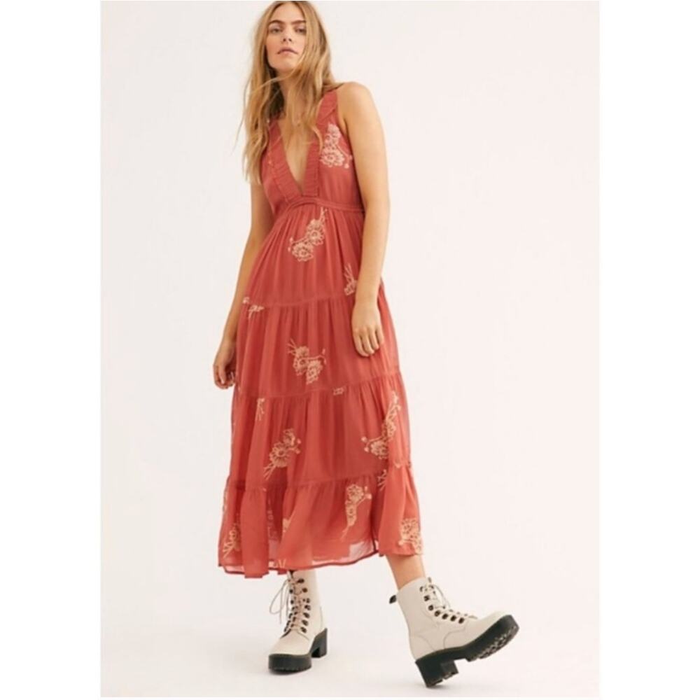 Free People Run Away With Me Embroidered Midi Dress First Rose Combo Size Medium